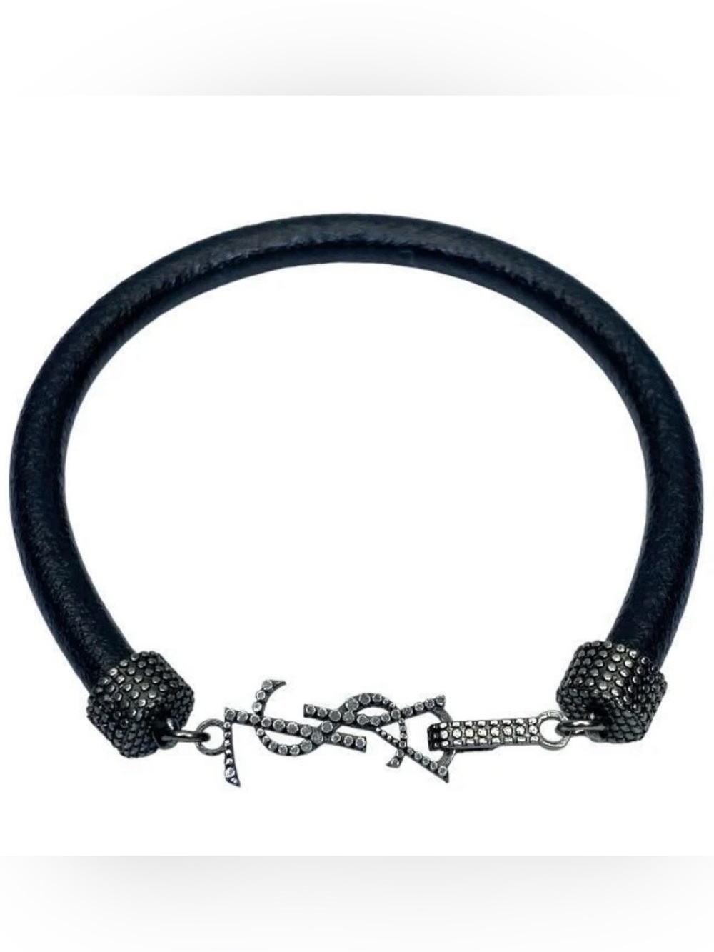 Saint Laurent Opyum Crinkled Black Leather Bracelet wi/Gunmetal YSL Logo-SZ-M